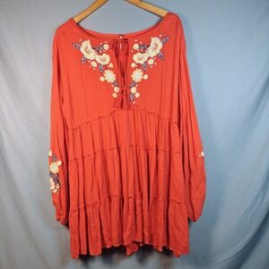 Free People Red Spell on‎ You Embroidered Mini Peasant Boho Dress Medium Unlined
